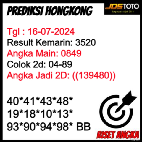 PREDIKSI TOGEL HK JOSTOTO HARI INI 16 JULI 2024