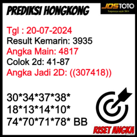 PREDIKSI TOGEL HK JOSTOTO HARI INI 20 JULI 2024