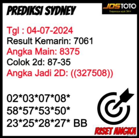 PREDIKSI TOGEL SYDNEY JOSTOTO HARI INI 04 JULI 2024